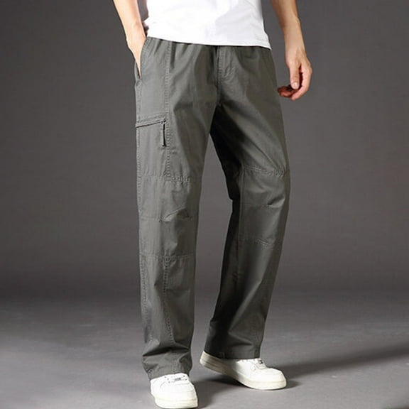 Donemore Men's Straight Cargo Pants with Multiple Zipper Pockets, Outdoor Functional Style Casual Loose Fit Trendy Trousers