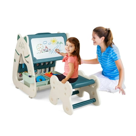 Infans 3-In-1 Kids Art Easel with Stool Magnetic Dry-Erase Board w/ Book Rack Green