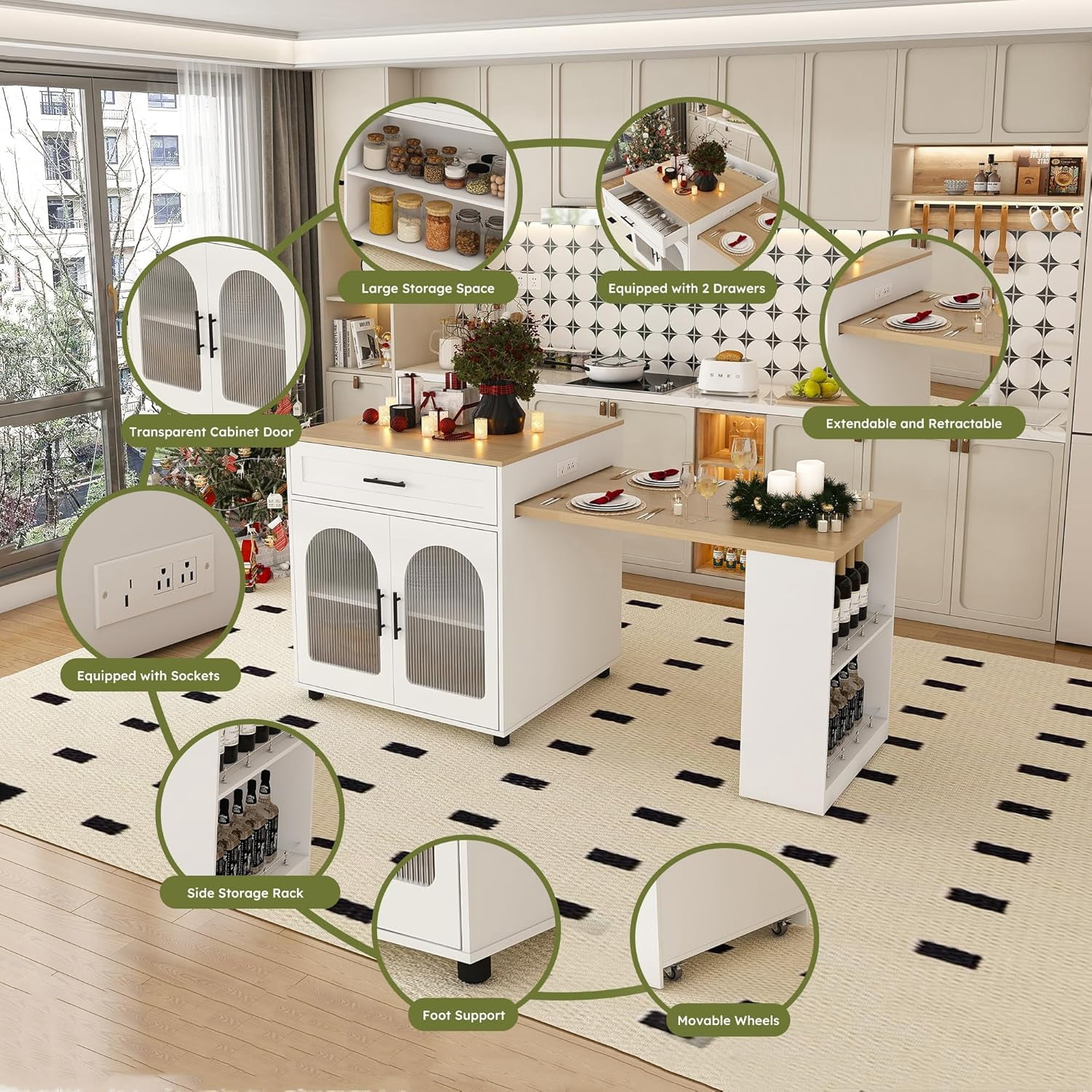 Montary 80" Expandable Kitchen Island with Extendable Table - Solid Wood Grain Countertop with Power Outlet & USB Ports, Mobile Cart with Double-Side Storage, Cabinet & Drawers (White)