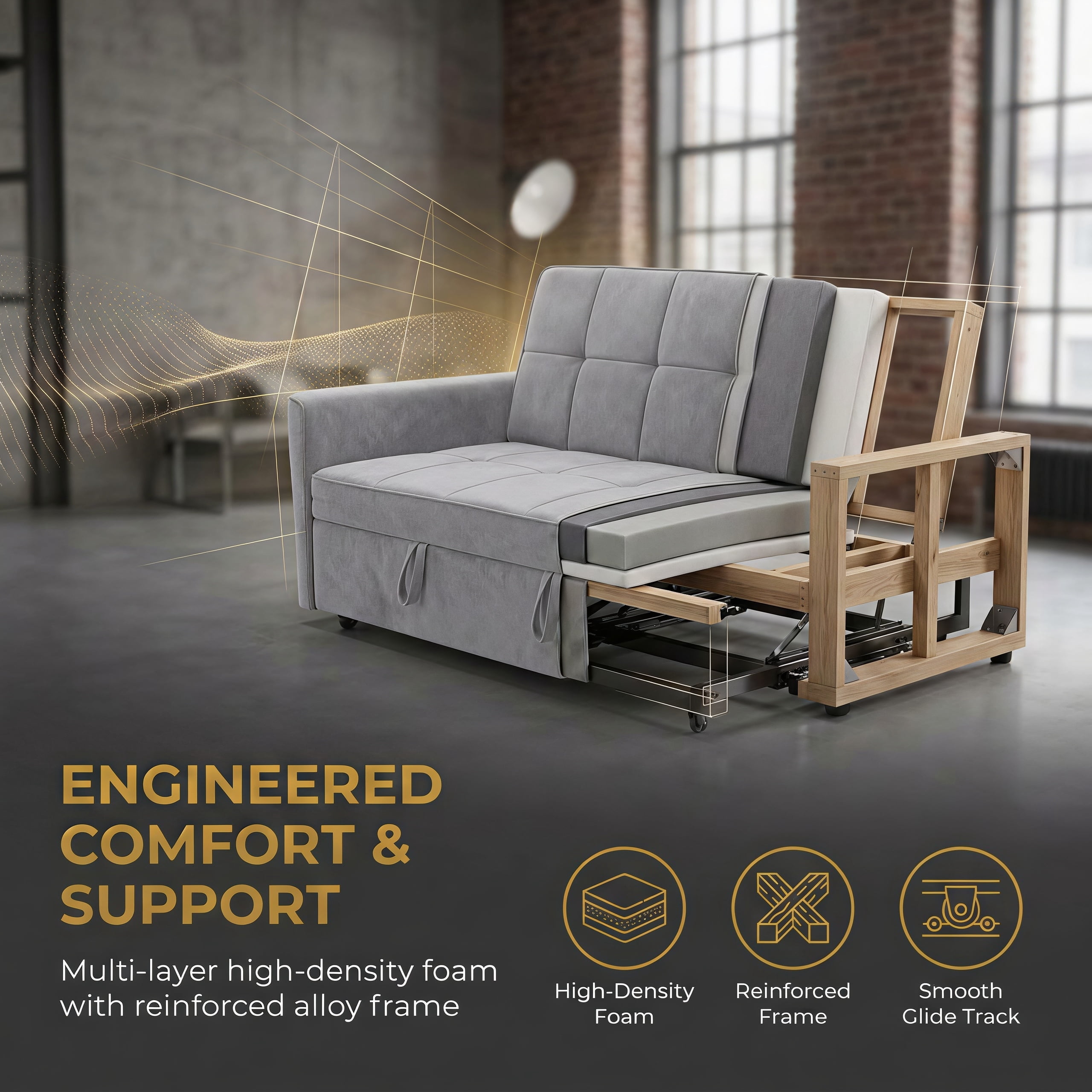 54" Convertible Sleeper Sofa Bed, Modern Velvet 3-in-1 Pull Out Loveseat Couch with 5-Position Backrest & Side Storage Pocket for Living Room, Light Gray