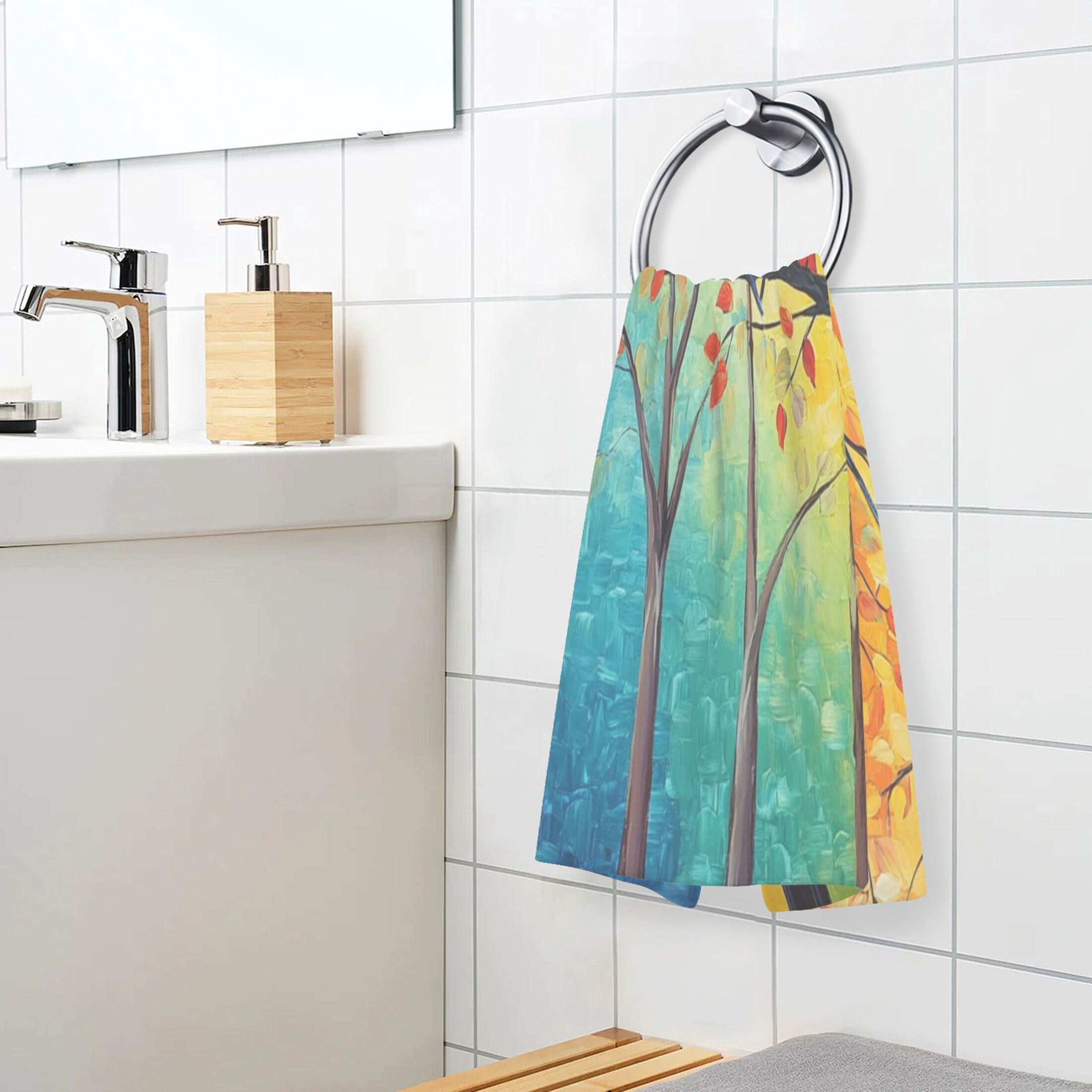 Cotton Towel Two-Piece 16x28 Inch One Sizex2 Face Towel Set Towel Set Cotton Hand Bath Towel Bathroom Beach Colorful Tree Bird
