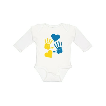 

Inktastic Down Syndrome Awareness with Handprints and Hearts Blue and Yellow Gift Baby Boy or Baby Girl Long Sleeve Bodysuit
