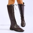 thumbnail image 2 of Women’s Full Lace Up Knee High Combat Boots, Round Toe Low Flat Heel Leather Tall Boots, Side Zipper Moto Riding Shoes Brown 9.5(43), 2 of 9