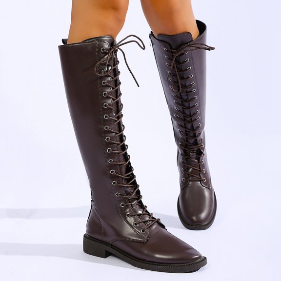 Bkhluea Knee High Boots For Women Smooth Faux Leather Round Toe Front Lace Up Side Zipper Low Flat Heel Tall Combat Boot Footwear For Casual Outdoor Use