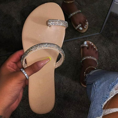 

Yedhsi Women s Casual Vacation Outer Wear Set Toe Rhinestone Flat Beach Slippers Women s Slippers