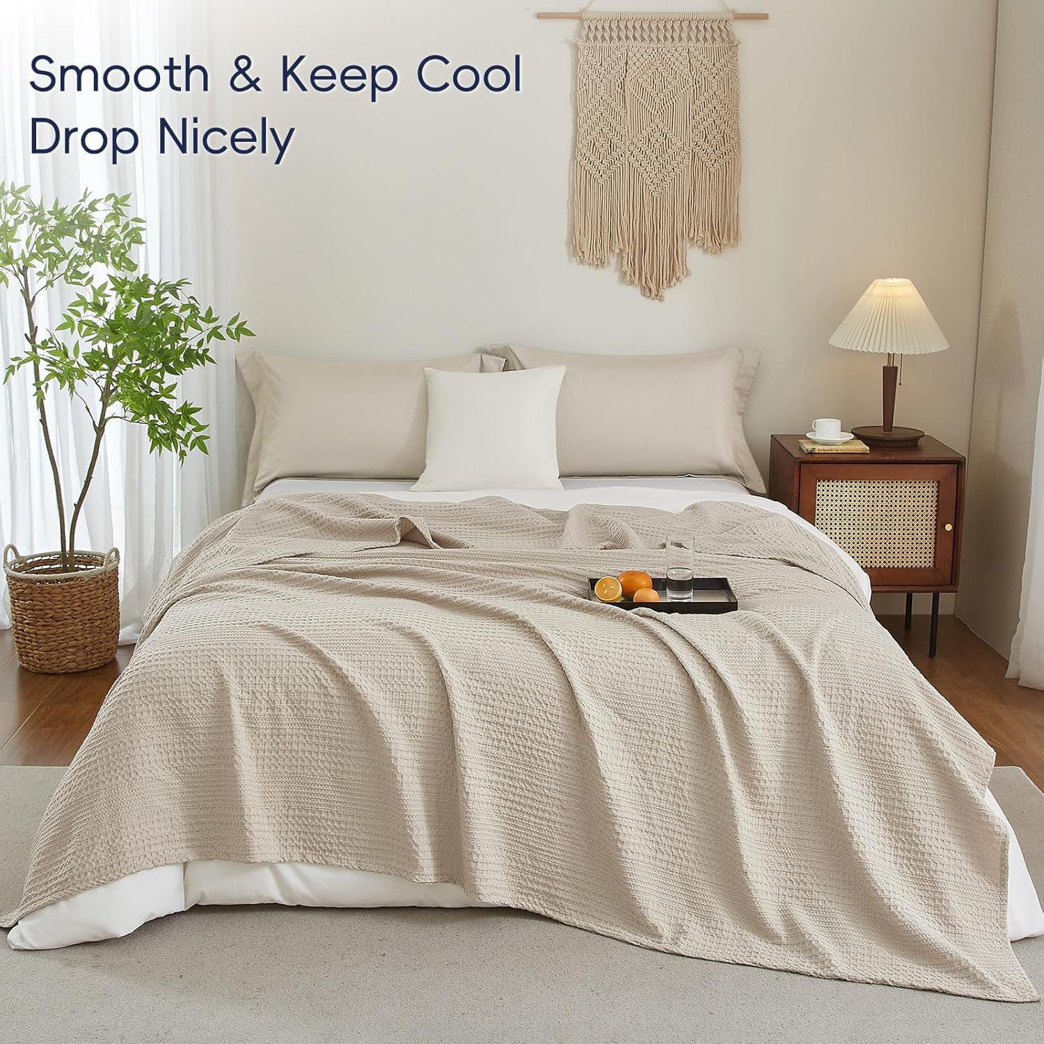 PHF Ultra Soft Waffle Weave Blanket King Size for Bed, Lightweight and Breathable Blanket, Perfect for Hot Sleepers, 104"x 90", Natural