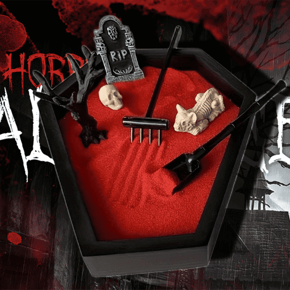 Coffin Zen Garden, Black Wooden Coffin Tray with Red Sand, Gothic Home Decor and Halloween Desk Decor, Witchy Office Ornaments and Fantasy Whimsigoth Home Room Decor, Unique Gifts for friends