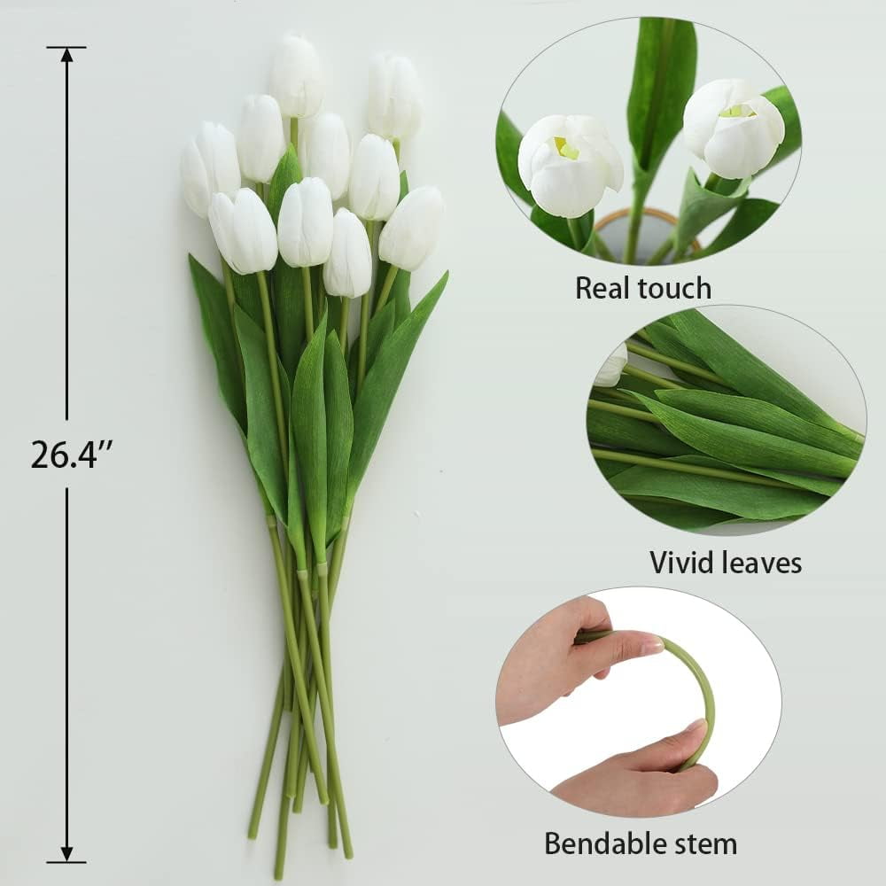 10Pcs Yellow Artificial Tulips Silk Flowers, Long Stem and Green Leaves, Fake Flowers Decoration for Vase, Wedding, Party, Kitchen, Office, Home, Bedroom, Table Centerpiece Decor
