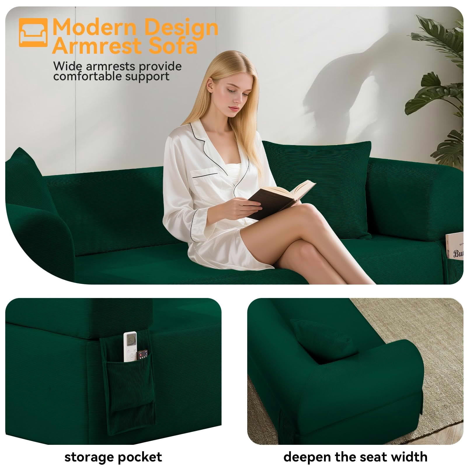 MAYEERTY 83" Green Corduroy 3-Seater Sofa, 600lbs Pocket Spring No Assembly Couch for Living Room