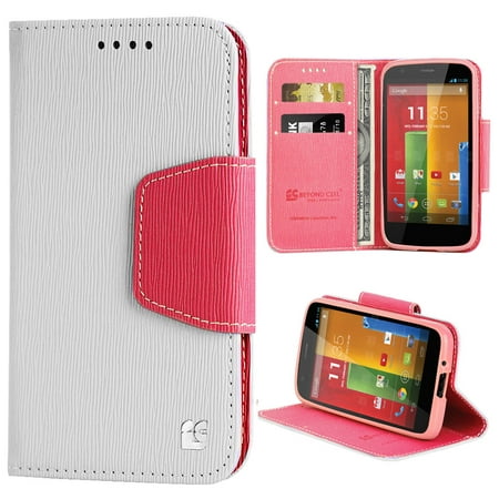 WHITE PINK WALLET CREDIT CARD CASE STAND FOR MOTOROLA MOTO-G 1st Gen (Best First Credit Card For College Graduate)