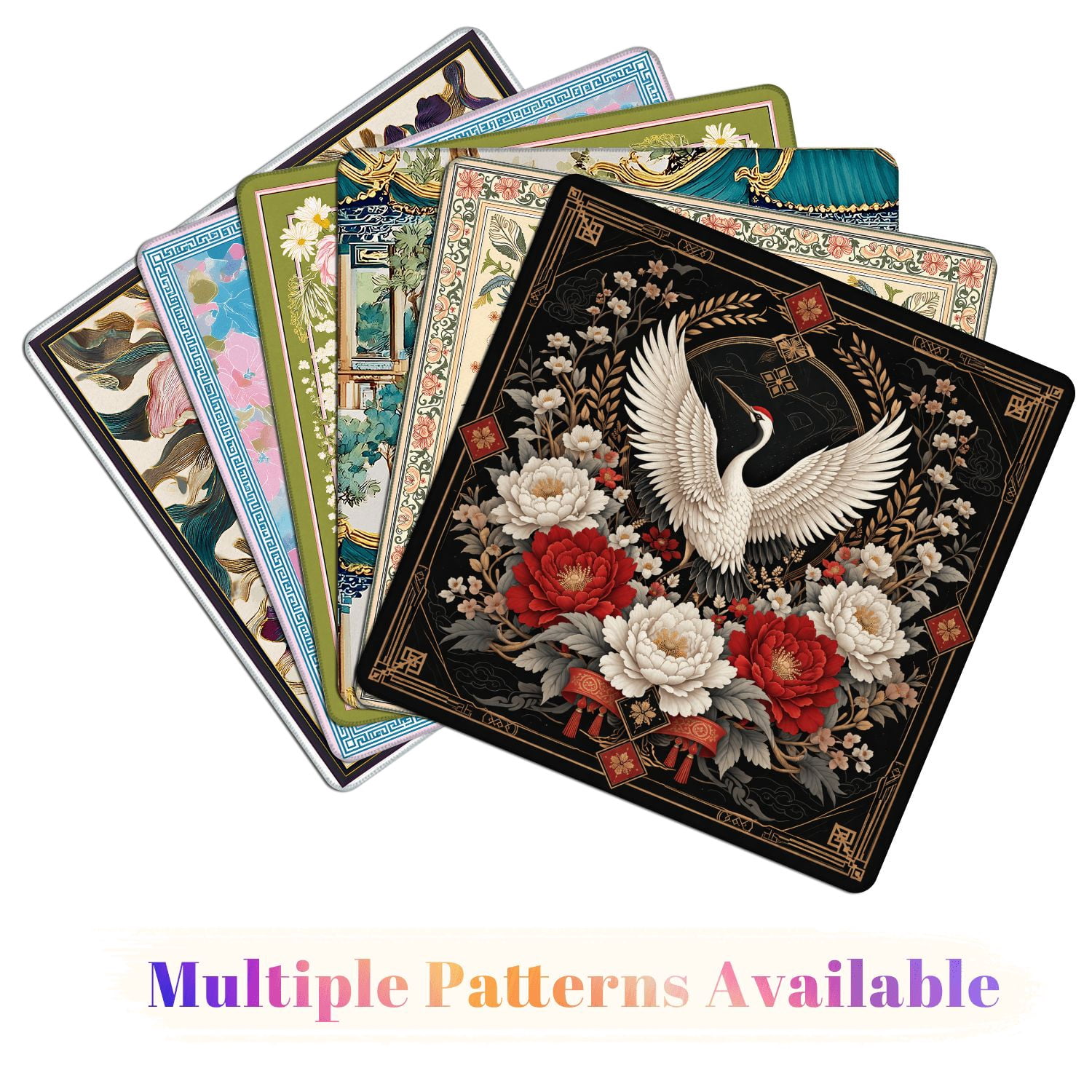 Mahjong Mat 31.5" x 31.5" Elegant Crane Red White Peonies Floral Ornate Gold Frame Non-Slip Noise Reduction American Mahjong Tiles Table Cover for Dominoes Poker Card Board Games Gift