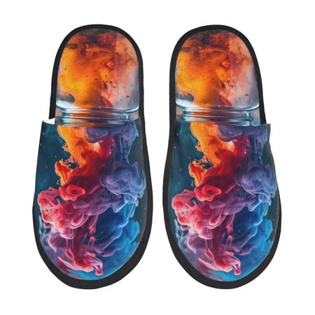 Balery Modern Art Red And Blue Colors Slient Indoor Furry Fleece Comfort House Shoes Soft Non-Slip Home Shoes Cotton slippers House Slippers-- Large
