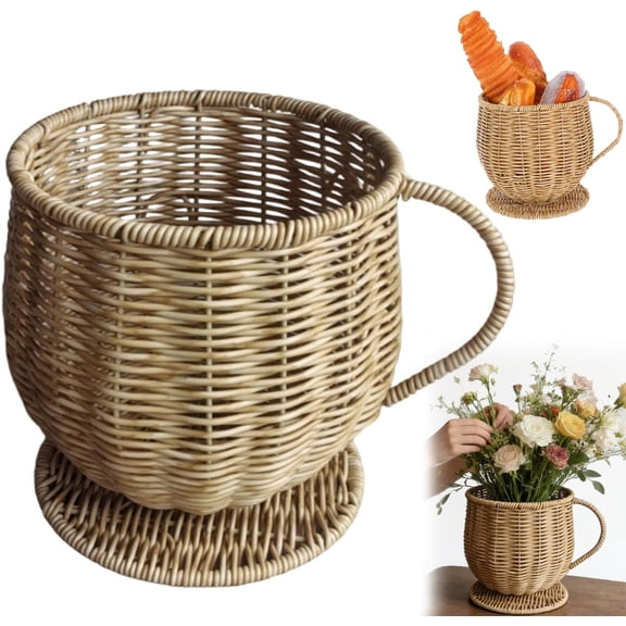 Wicker Coffee Cup Shape Storage Basket, Handwoven Woven Organizer for Fruit Bread, Rattan Creative Farmhouse Fruit Bowl, Multi-Purpose Container for Kitchen Countertop (Khaki)