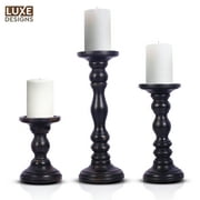 Luxe Designs | Rustic Black Mango Wood Pillar Candle Holders - Set of 3 Candlestick Holder - Table Centerpieces - Size 6", 9", 12”