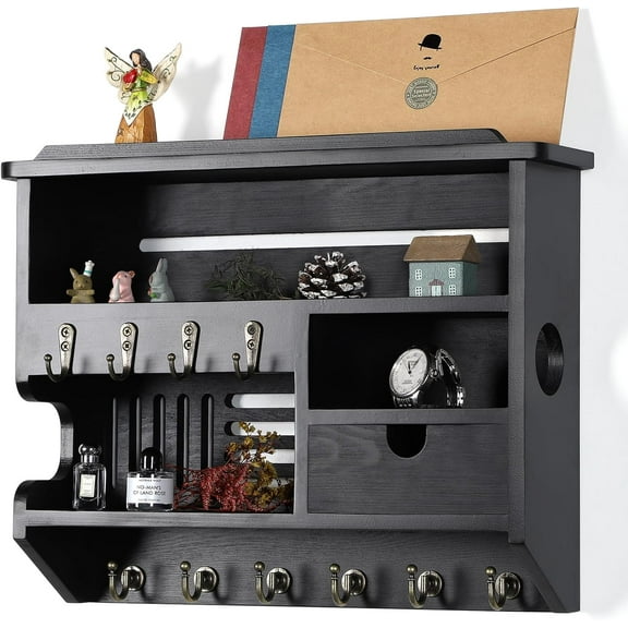 Key Holder for Wall, Mail and Key Holder, Mail Organizer Wall Mount with Storage Drawer and 10 Hooks, Easy Installation Key Holder for Home Decor, Black