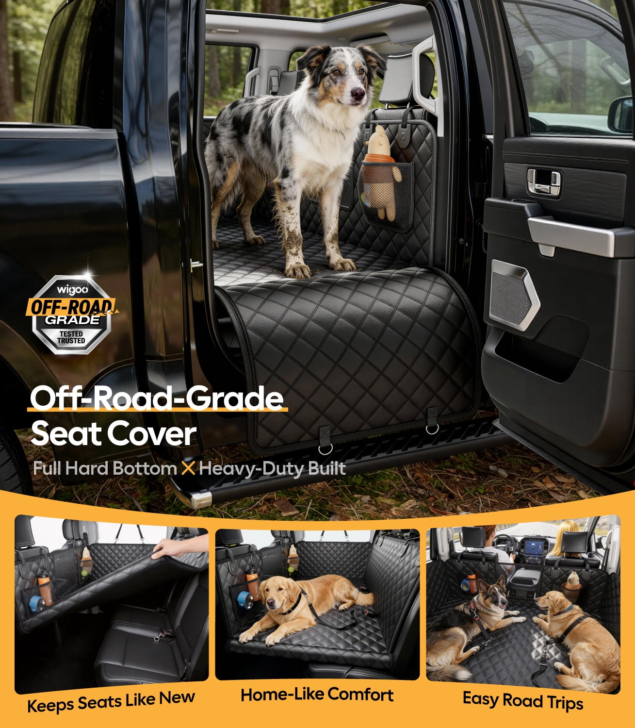 Witem Heavy-Duty Dog Car Back Seat Cover, Flat Solid Hard-Base Extender for 2-3 Large Dogs, Waterproof Scrachproof Hammock Protector for Full-Size Crew Cab Trucks & SUVs, XL, Black