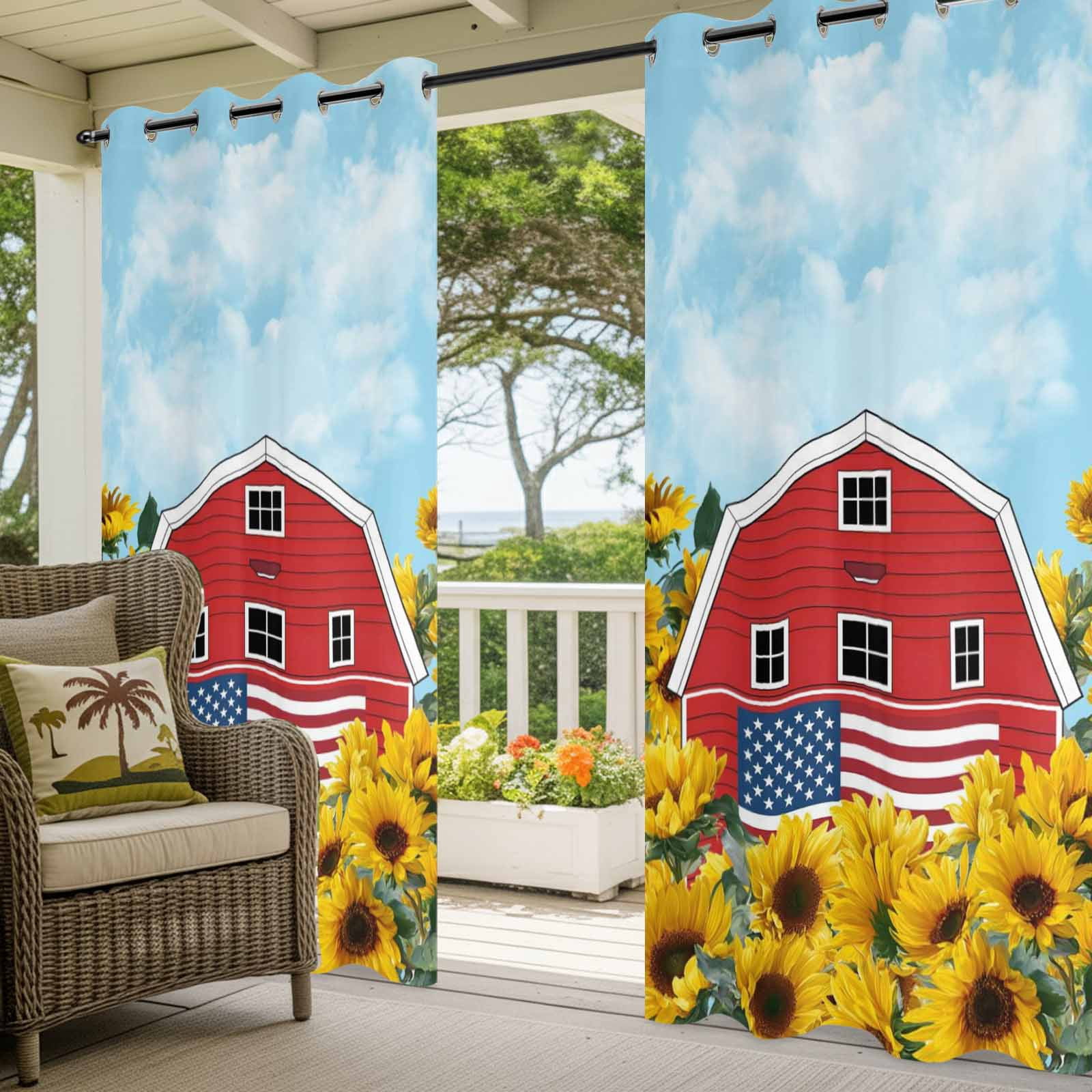 Independence Day Outdoor Curtains for Patio, U.S. Flag Themed Red Barn Farmhouse Sunflower Sunshade Privacy Drapes Grommet Waterproof Outside Curtains for Porch/Cabana/Balcony 54"x 108", 1 Panel
