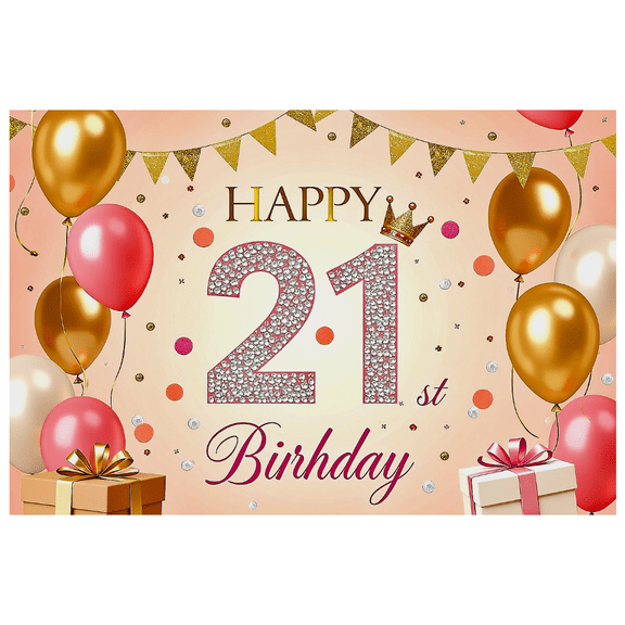 Sparkling 21st Birthday Backdrop Banner with Crown Design, Glittery Balloons and Gift Elements, Ideal for Birthday Party Decorations Photography Props and Party Supplies