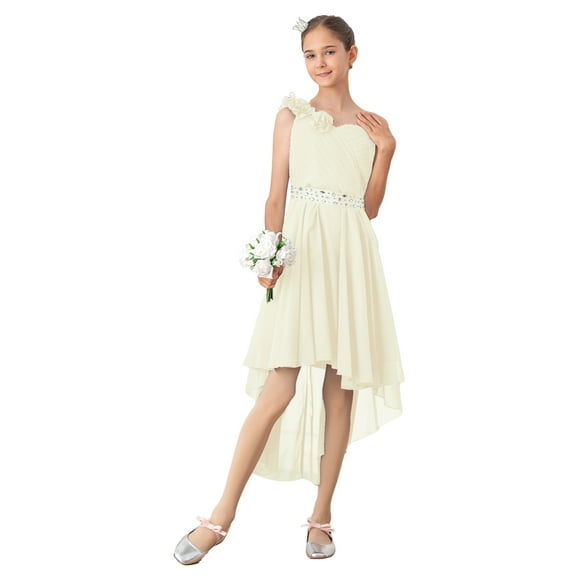 YONGHS Kids High Low Flower Girls Dress One Shoulder Sparkly Rhinestone Chiffon Bridesmaid Wedding Party Gown Champagne 8