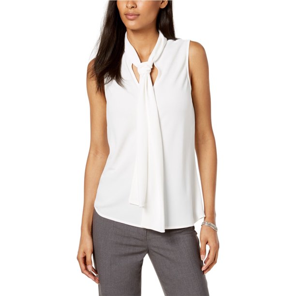 Nine West Blusa sin mangas con cuello anudado para mujer, blanco, grande Nine West Pull-over