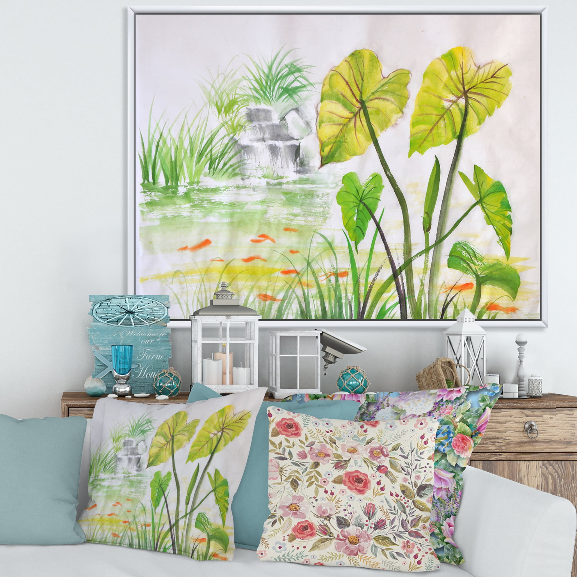 Designart 'Ancient Lotus Pond' Lake House Framed Canvas Wall Art Print