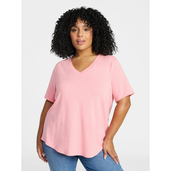 Terra & Sky Women's Plus Size V Neck Tee with Short Sleeves, Size 0X-5X