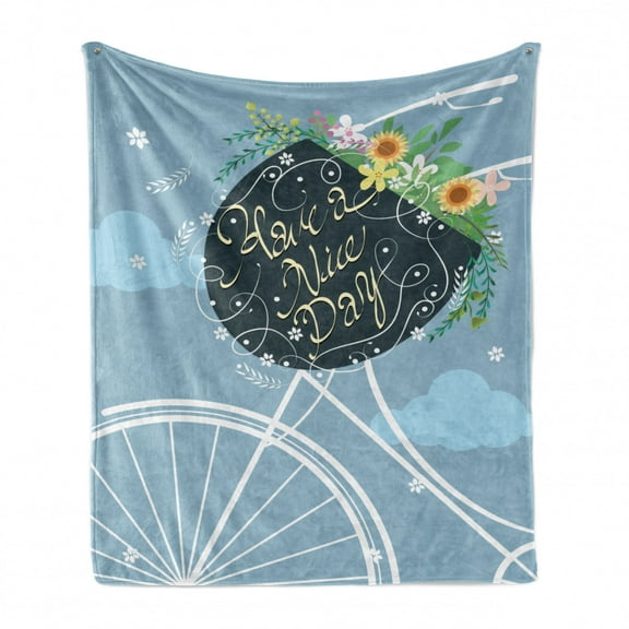 Saying Soft Flannel Fleece Throw Blanket, Have a Nice Day Calligraphy on Bicycle Basket with Colorful Flowers, Cozy Plush for Indoor and Outdoor Use, 70" x 90", Pale Sky Blue Multicolor, by Ambesonne