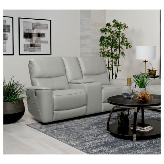Denson Gray Upholstered Power Reclining Loveseat | Plush leatherette, power recline, USB port, center console for storage and comfort
