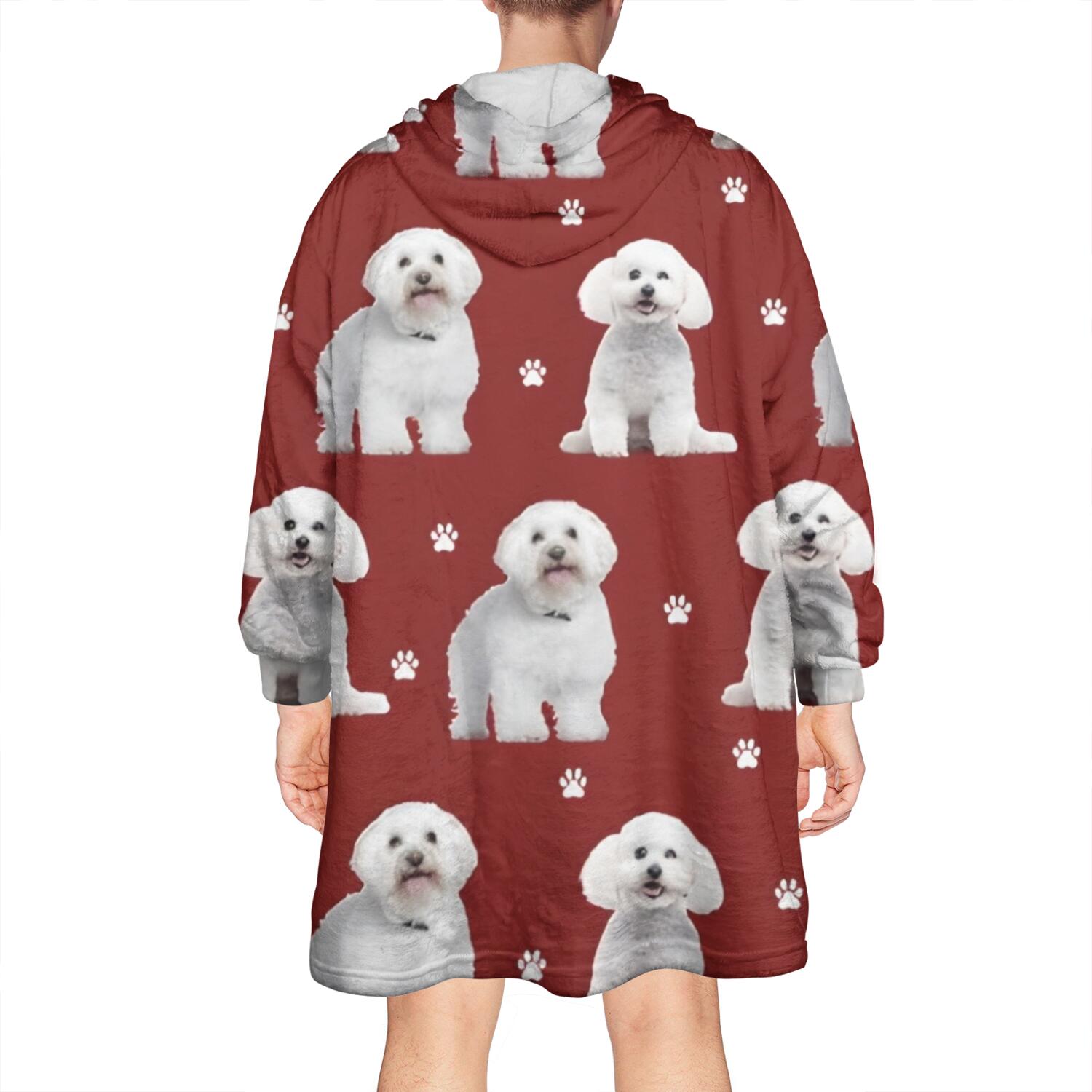 Pink Bichon Frise Wearable Oversized Blanket,Wearable Blanket Hoodie for Adults,Cozy Hooded Blankets with Super Pockets,Super Warm Fuzzy Pullover for Women & Men