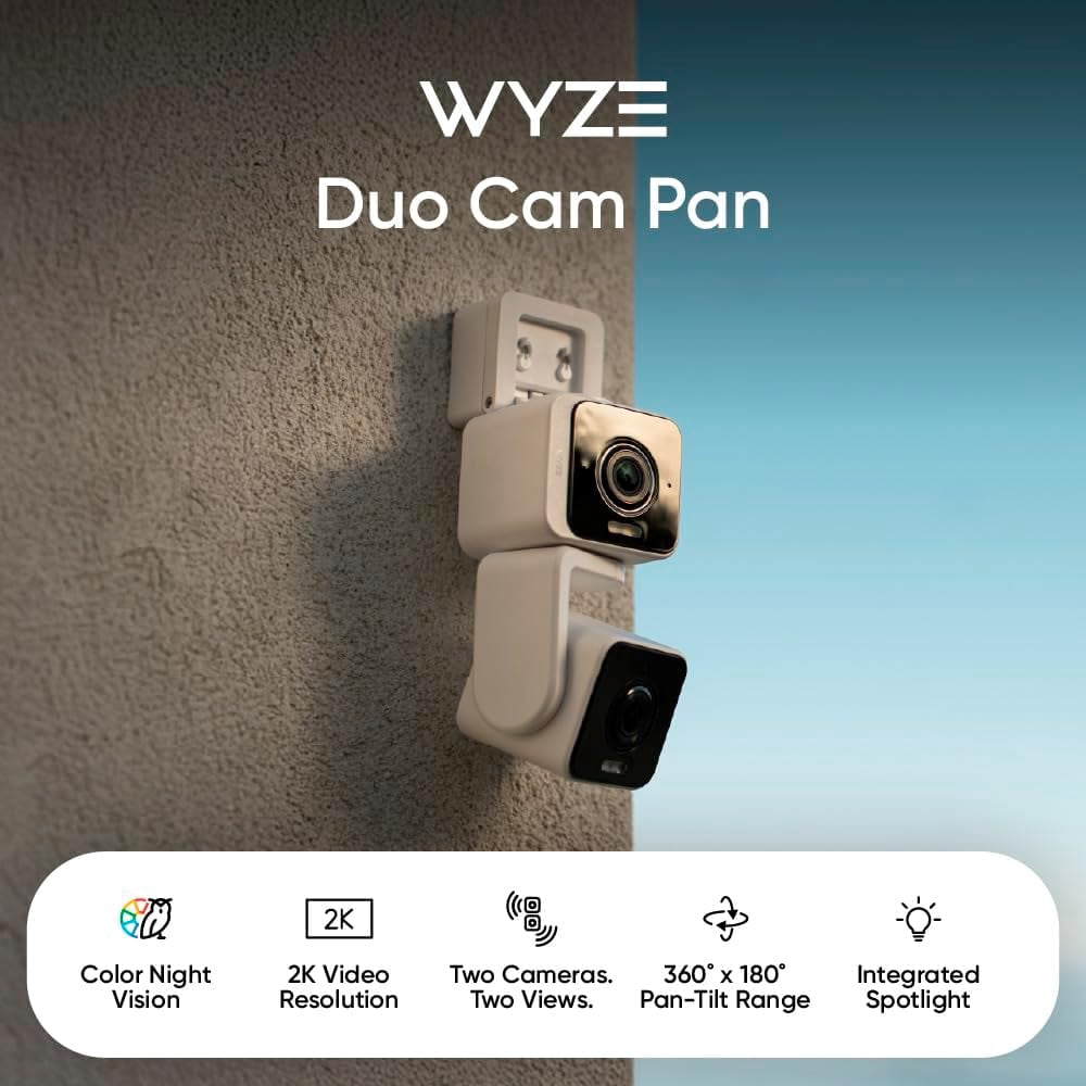 Wyze Duo Cam Pan Indoor/Outdoor Smart Security Camera 2K IP65 360° Pan/Tilt with Color Night Vision and Spotlight