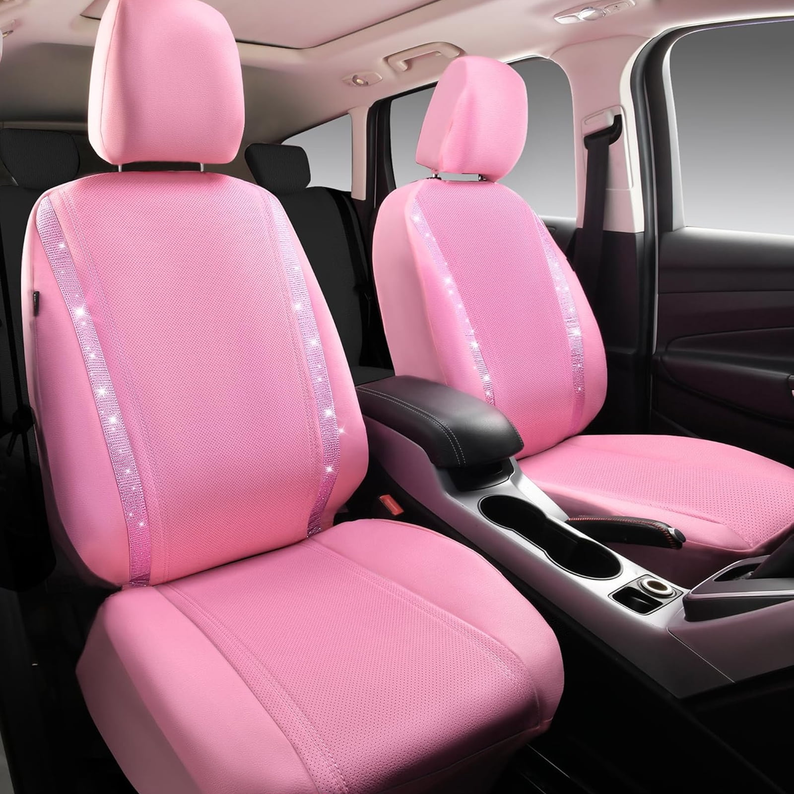 Car-Grand Bling Diamond Rhinestone Leather car seat covers full set waterproof universal shinning glitter crytal sparkle fit automotivve truck SUV Cute girl femal All Pink