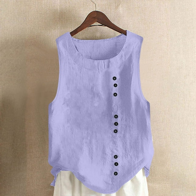 Womens Tank Tops, Womens Tank Top, Womens Solid Color Tank Top with Round Neck Faux Cotton and Linen Button Design and A Sense of Top with Round Neck Tank Tops