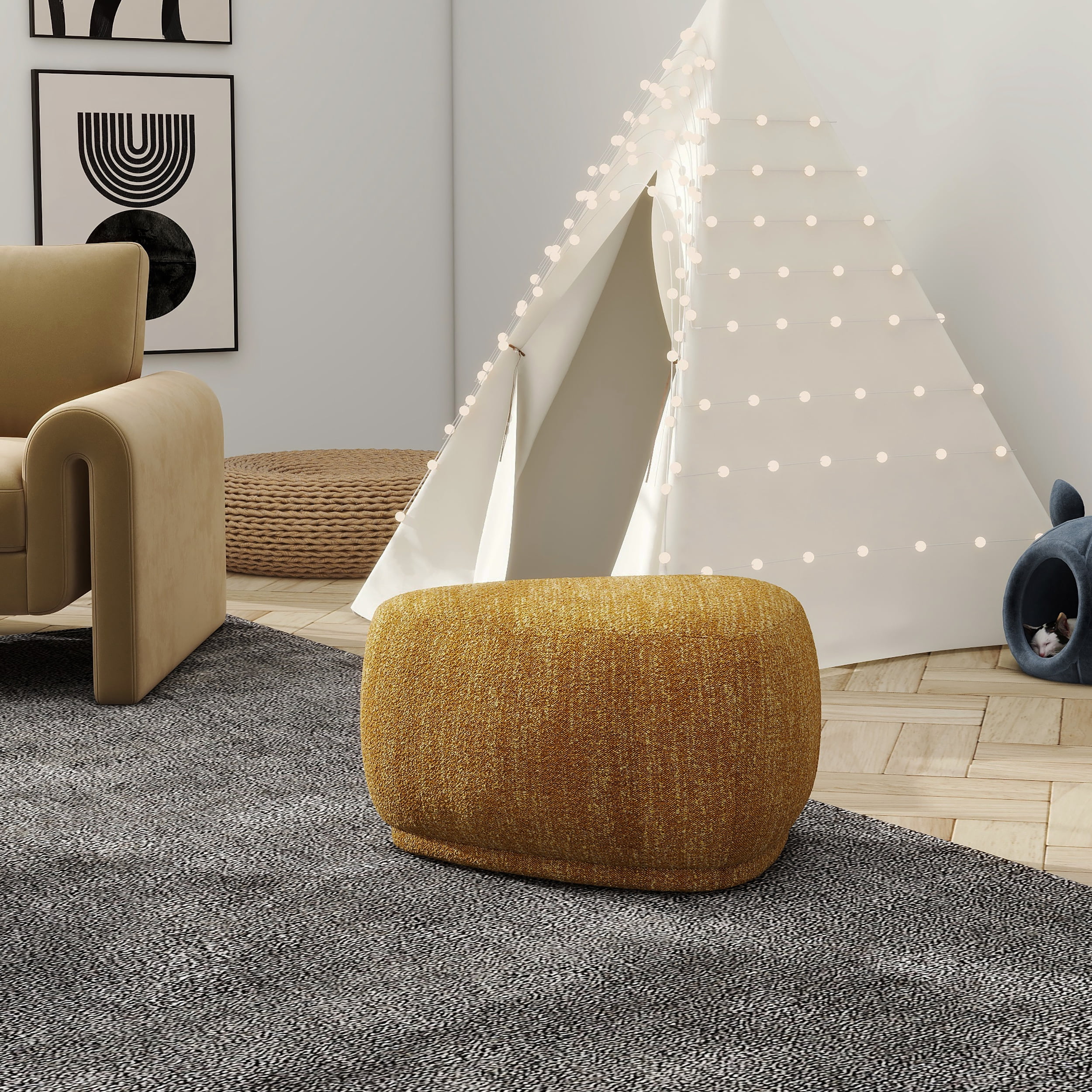Jennifer Taylor Home Pebble 26" Rounded Triangle Cocktail Ottoman, Mustard Yellow Tweed
