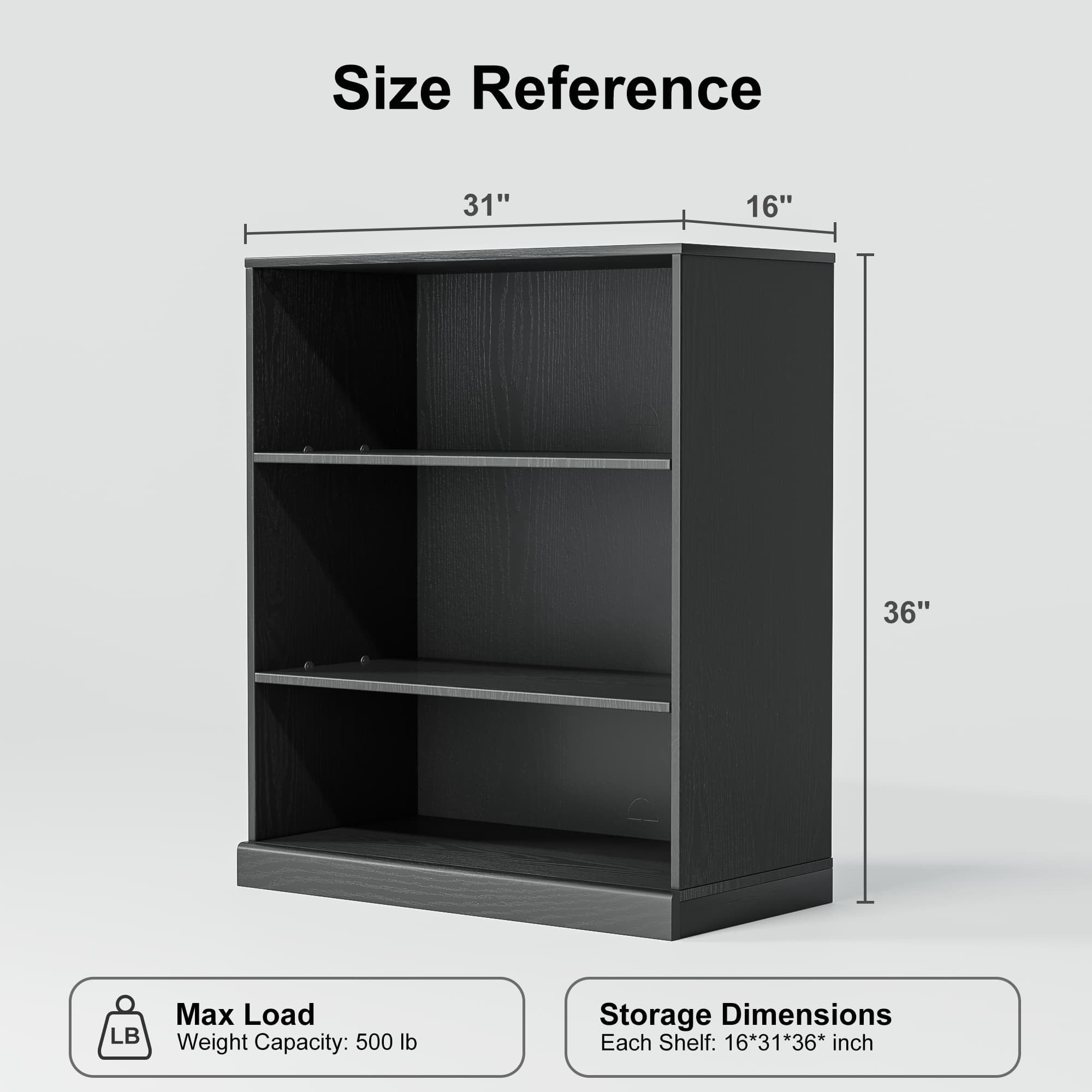 MAYEERTY 3-Shelf 16*31*36"Black Wood Grain Bookcase with Adjustable Shelves, Durable Storage for Home or Office