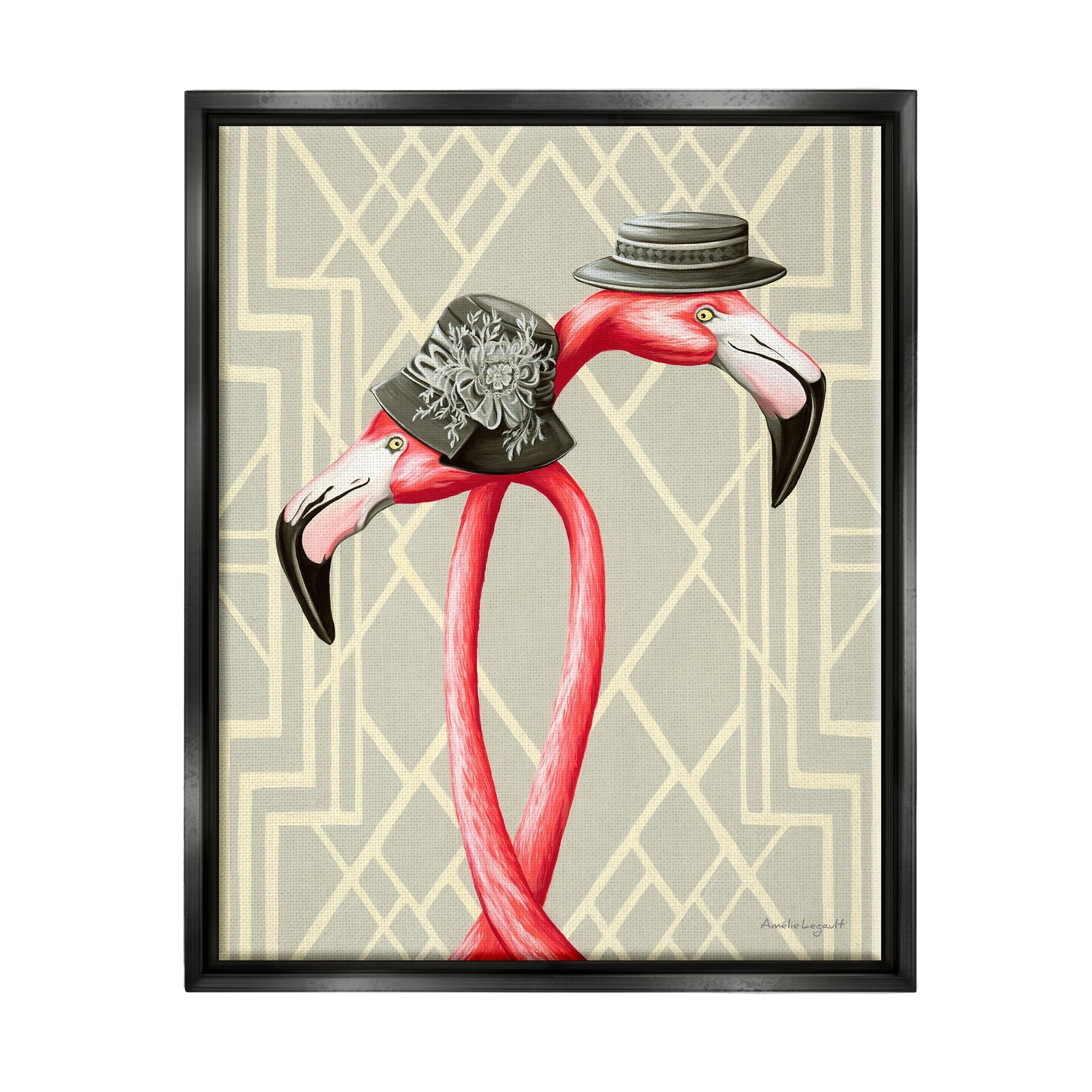 Stupell Industries Pink Flamingos Intertwining Vintage Hats Shapes Design Graphic Art Luster Gray Floating Framed Canvas Print Wall Art, Design by Amelie Legault