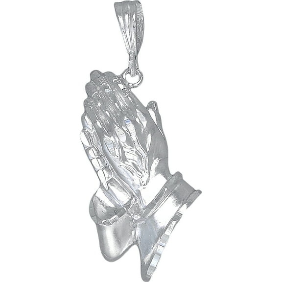 Sterling Silver Praying Hands Pendant Necklace Diamond Cut Finish. 24" Chain