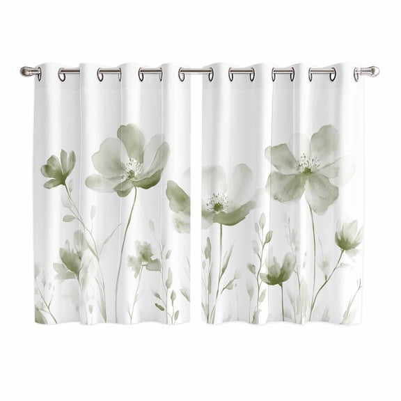 Sage Green Flowers Kitchen Curtains 63 Inch Length, Watercolor Retro White Floral Leaves Grommet Top Bedroom Living Room Curtains, Light Filtering Cafe Curtain Drapes 2 Panels Set 104''x63''