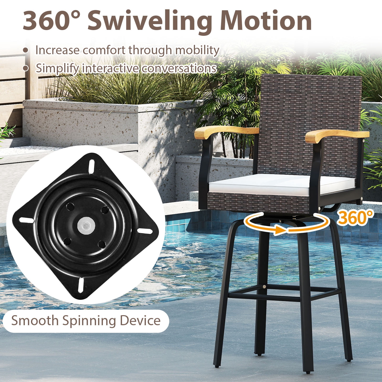 Gymax Outdoor Rattan 360 degree Swivel Bar Stool w/ Removable Cushion Footrests