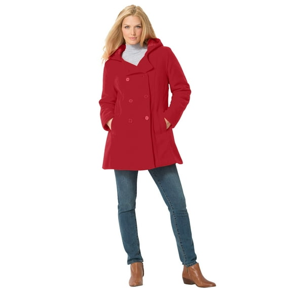 Woman Within Plus Size Double-Breasted Hooded Fleece Peacoat