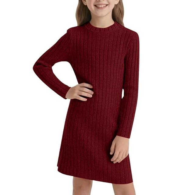HXWCHs Robe de Danse Filles Coupe Ajustée Robe Moulante Hiver Chaude Extensible Col Roulé Manches Longues Tenue Décontractée pour Tout-Petits et Enfants avec Doux Rouge 10-11 Ans