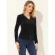 thumbnail image 3 of Allegra K Blusa de punto de manga larga con cuello de oficina de trabajo con textura de terciopelo para mujer Negro L, 3 of 5