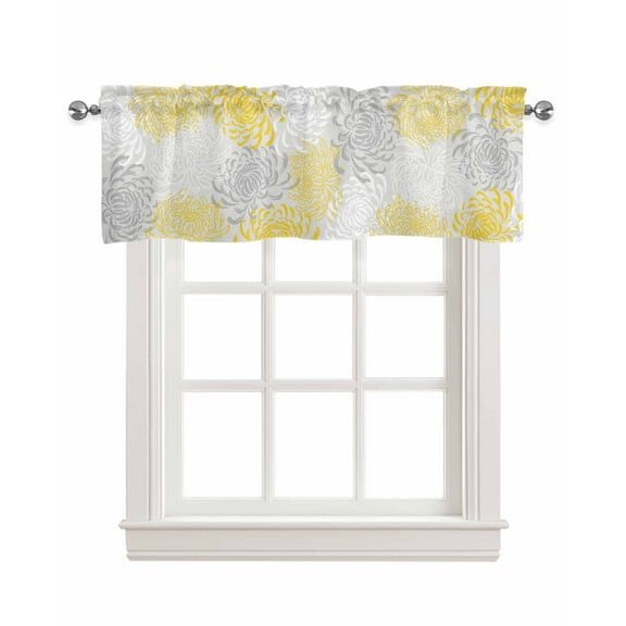 Yellow White Kitchen Valances for Windows Farmhouse Linen Window Valance Curtain for Living Room Window Treatment Abstract Grey Chrysanthemum Flower Floral Valance Rod Pocket Topper, 54 x 18 Inch