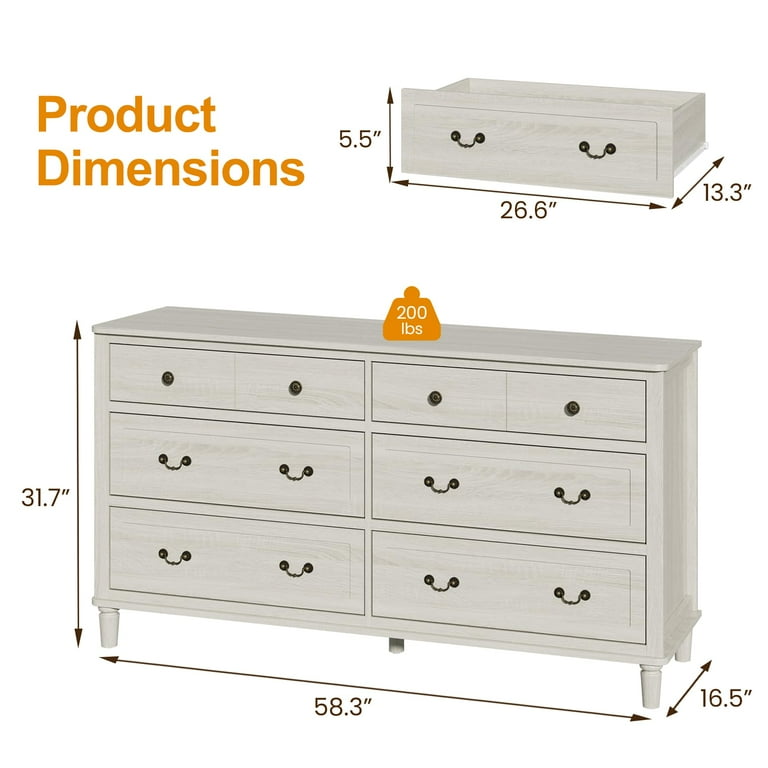 May Color Large 6 Drawer Dresser for Bedroom, 58" Long Chest of Drawers,  Wooden Dresser for Closet, Wood Drawer Organizer for Living Room, Hallway,  Light Grey - Walmart.com