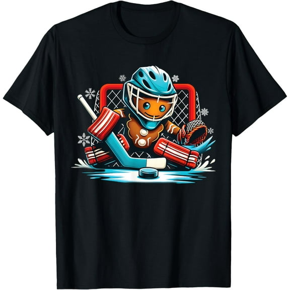 Gingerbread Playing Ice Hockey Goalie Christmas T-Shirt tee