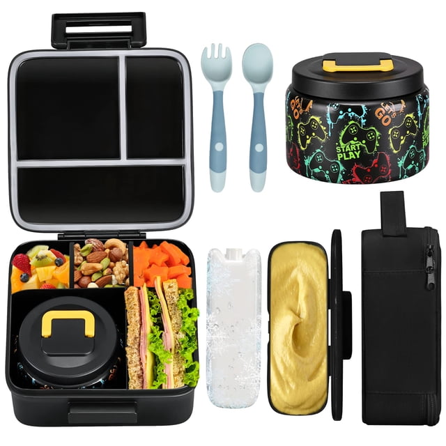 JXXM Fiambrera Bento para niños con termo de sopa de 8 oz, contenedores de almuerzo a prueba de fugas con 5 compartimentos, tarro térmico para comida y bolsa de almuerzo, contenedores de comida para l