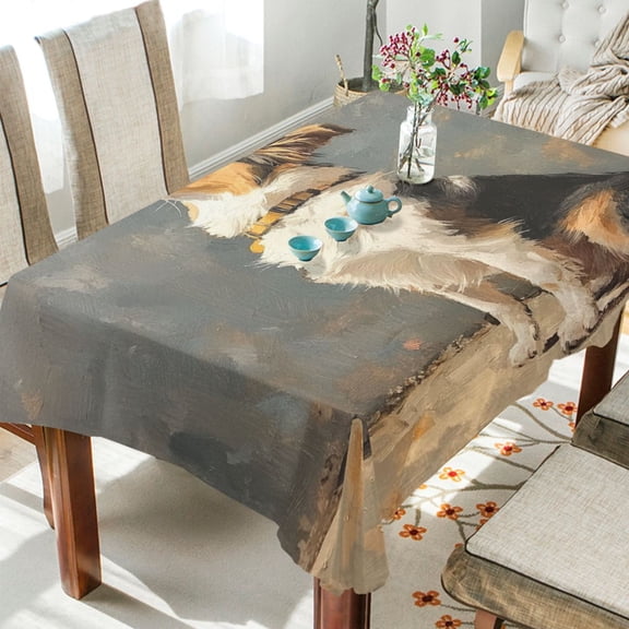 BZSMCE Square Tablecloth Light Brown and White Dog Look Up Pattern Tableclothes