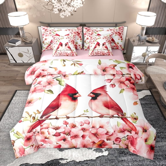 Manfei Cute Xmas Cardinals 7-Piece Twin Bedding Sets,Sakura Bedding Comforter Set,Pink Red White Sheet Sets For Girls Teens,Ultra Soft Home Decor Reversible