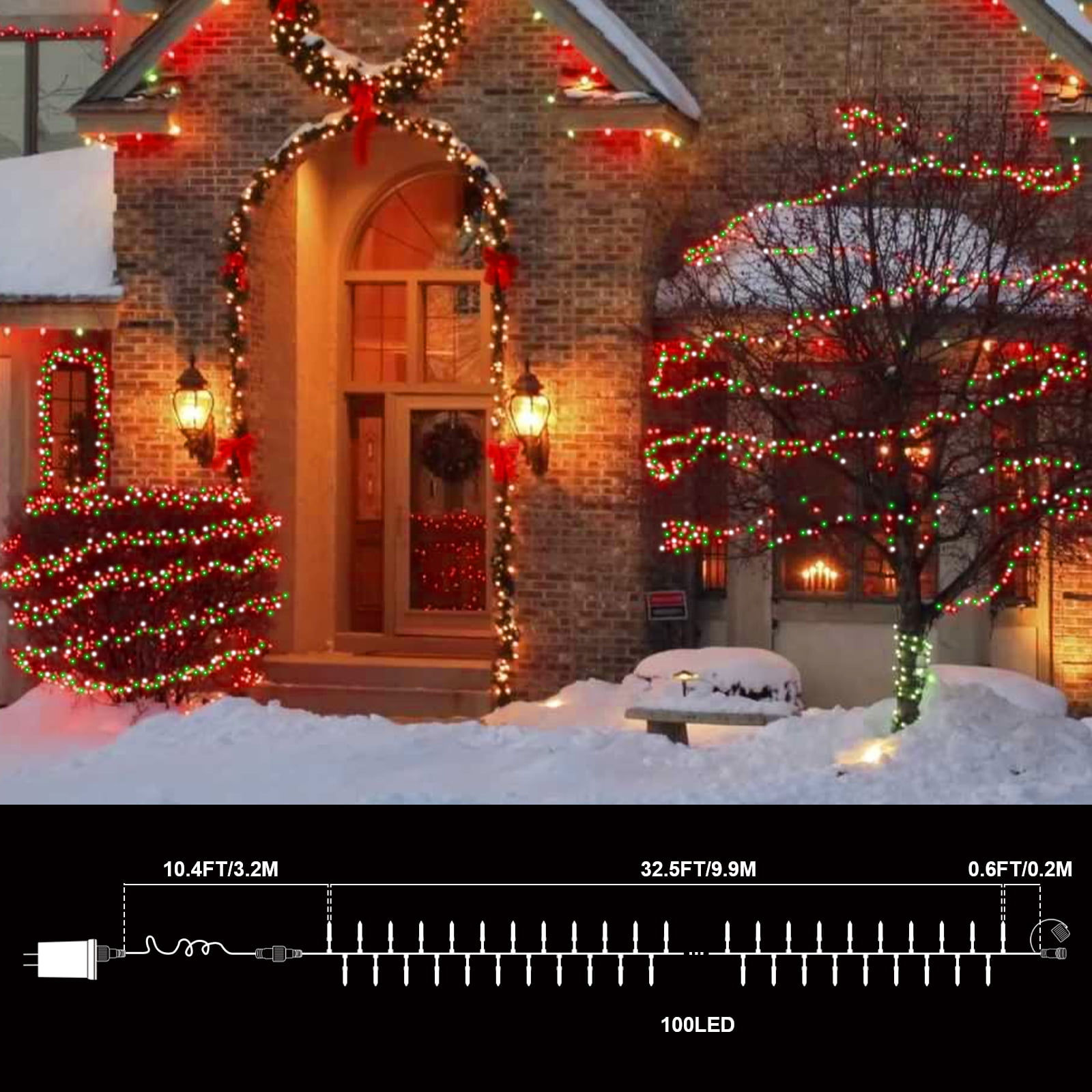 2 Pack Red Green Warm Christmas Mini Lights, 32.5FT 100 LED Clear Bulbs String Lights with 16 Light Modes, Fairy Lights Plug in for Outdoor Xmas Trees Garland Wreath Holiday Decorations