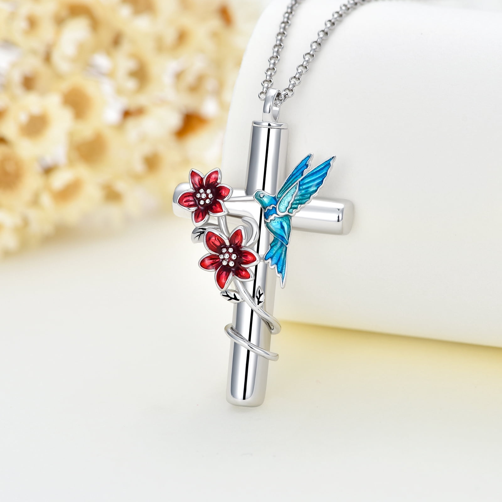 CACA LADY Hummingbird Cross Urn Necklace for Ashes 925 Sterling Silver Cremation Jewelry with Funnel