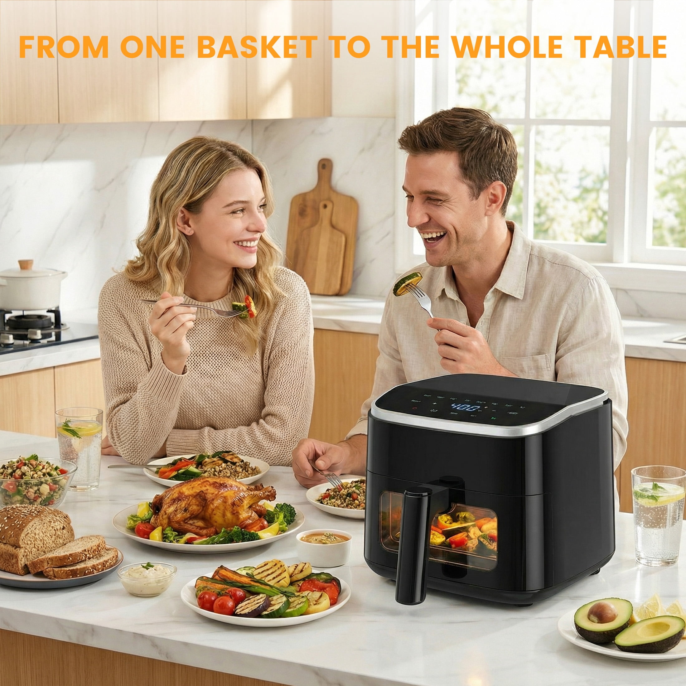 EDX 4QT Air Fryer, 1500W Digital Touchscreen with 8 Presets, Visible Window, Flip Reminder, Nonstick Dishwasher-Safe Basket, Black